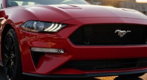 A 2024 Ford Mustang EcoBoost, showcasing its modern design and sporty features close up