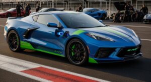 Blue Chevrolet Corvette E-Ray with green accents on a racetrack