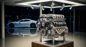 High-performance gas-powered sports car engine displayed in a showroom