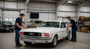 Mechanics working on a white Ford Mustang in a workshop