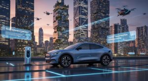 The Ford Mustang Mach-E, an electric SUV with sleek design, parked in a futuristic cityscape highlighting the electric revolution