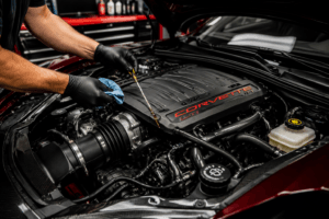 Mechanic inspecting the engine of an American sports car during maintenance
