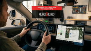 Sports car dashboard showing lane assist, blind spot, and collision warnings