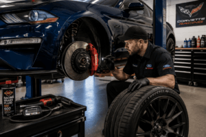 Sports car tires and brakes being inspected for performance maintenance