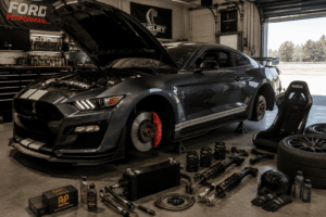 track-focused American sports car being prepared in a performance garage with upgraded components and racing equipment
